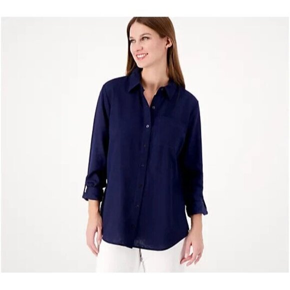 Susan Graver Pure Linen Blend Button Front Shirt Navy Solid Petite 1X A596335 - Picture 1 of 1